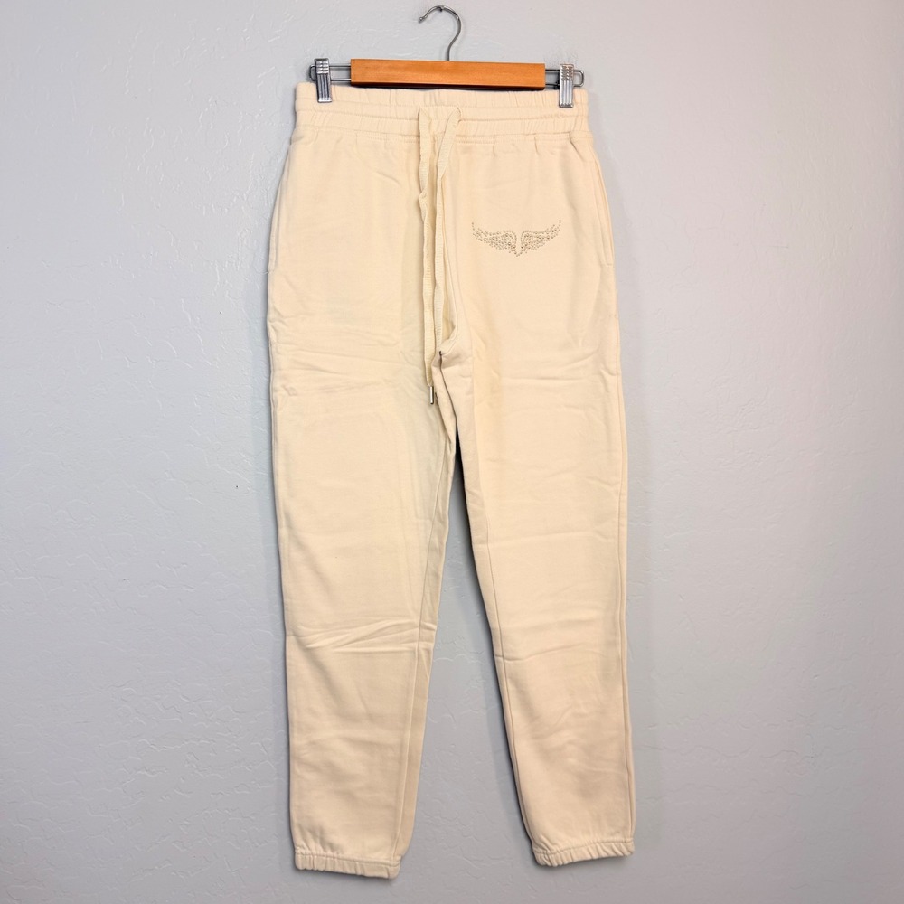 NEW Zadig & Voltaire Sofia Cream Rhinestone Wing Cotton Sweatpants Size S